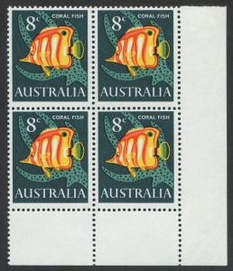 Australia: Decimal Issues: 1966 (SG.389) 8c Coral Fish, lower right cnr.blk.(4) with variety "Retouch under IA of AUSTRALIA"; BW:451d; superb MUH.