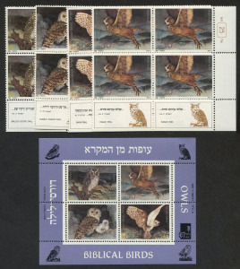 ISRAEL: 1987 (Bale 945-48) Biblical Birds of Prey (Owls), matching tab & corner blocks of 4 plus the Miniature Sheet (Bale MS.34); superb MUH. (16+M/S).