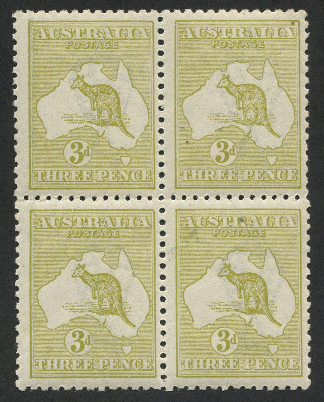 Kangaroos - Third Watermark: 3d Olive (Die 2B) blk.(4); MUH; upper right unit with tiny natural paper inclusion above last A of AUSTRALIA. Cat.$900.