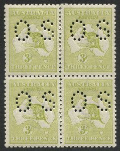 Kangaroos - Third Watermark: 3d Greenish-Olive, perforated Small OS, well centred blk.(4); fresh MLH/M. Cat.$500.