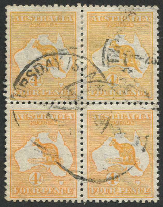 Kangaroos - First Watermark: 4d Orange, blk.(4) commercially used from THURSDAY ISLAND.