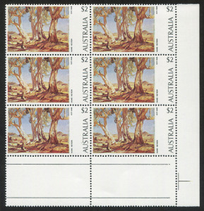 Australia: Decimal Issues: 1974 (SG.566) $2 Painting, corner block (6); 3 units with constant variety "Red dot in sky at right" [UP: 3/5, 5/4 & 5/5], fresh MUH. 
