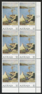 Australia: Decimal Issues: 1979 (SG.567) $5 Painting, lower right corner block (6) with variety "Blue flaw left of roof" [R3/9]; fresh MUH. 