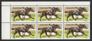 Australia: Decimal Issues: 1979 (SG.699) 20c Tulloch, upper left corner block (6) with significant misplacement of the magenta printing, giving the impression of a ghost horse in the background. MUH.