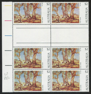 Australia: Decimal Issues: 1974 (SG.566) $2 Painting, Autotron block (6) with variety "Large green flaw between trees" [LP: 2/2]; fresh MUH. BW: 665f.