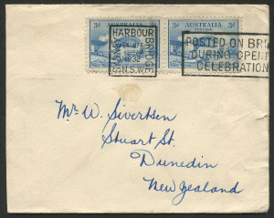 Australia: Postal History: 24 March 1932 usage of a pair of 3d blue Sydney Harbour Bridge stamps, attractively tied on a cover to New Zealand by the "SYDNEY HARBOUR BRIDGE....OPENING CELEBRATIONS" special postmark.