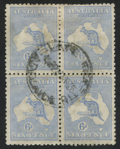 Kangaroos - Third Watermark: 6d Ultramarine (Die 2B) commercially used block (4) with LATE FEE ADELAIDE cds.