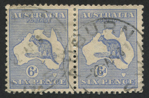 Kangaroos - Third Watermark: 6d Utramarine (Die 2) horizontal pair (2) with Plate 1 varieties "White flaw off W.A. Coast" [R55] and ""White flaw obliterating Port Phillip Bay" [R56]. BW - $400++. These constant varieties are rarely seen and almost never 