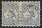 Kangaroos - Third Watermark: 6d Utramarine (Die 2) horizontal pair (2) with Plate 1 varieties "White flaw off W.A. Coast" [R55] and ""White flaw obliterating Port Phillip Bay" [R56]. BW - $400++. These constant varieties are rarely seen and almost never