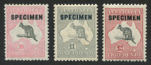 Kangaroos - CofA Watermark: 10/-, £1 & £2 SPECIMEN Overprints, fresh M. (3).