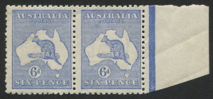 Kangaroos - Third Watermark: 6d Bright Blue, horizontal pair ith right margin, MUH, one unit with light gum bends.