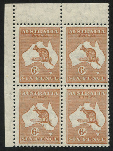 Kangaroos - CofA Watermark: 6d Chestnut, upper left corner block (4) fresh MUH.