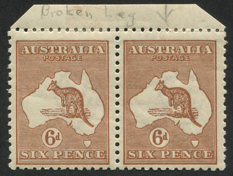 Kangaroos - Third Watermark: 6d Chestnut, marginal pair (2) the right hand unit with "Broken leg on kangaroo"; Mint, and unusually well centred. SG.73a.