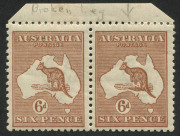 Kangaroos - Third Watermark: 6d Chestnut, marginal pair (2) the right hand unit with "Broken leg on kangaroo"; Mint, and unusually well centred. SG.73a.