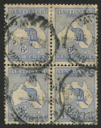 Kangaroos - Second Watermark: 6d Ultramarine, commercially used block (4) with WOOLLAHRA cds's.