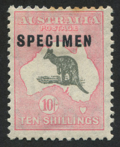 Kangaroos - CofA Watermark: 10/- Grey & Pink, overprinted SPECIMEN (Type C) with additional variety "battered N in overprint" (identified as Sub-type 6 at page 2/15 in BW); mounted Mint; 2 toned perfs at top. An extremely rare variant. BW: $850+++ (not p
