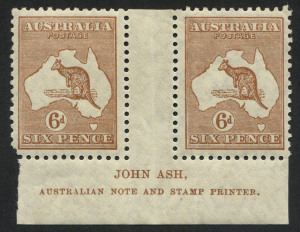 Kangaroos - Small Multiple Watermark: 6d Chestnut, Ash Imprint pair, the RH unit MUH; the LH unit M and with pulled cnr.perf. (2). Cat.$175.