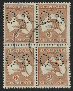 Kangaroos - Third Watermark: 6d Chestnut, perforated OS, commercially used block (4) FU.