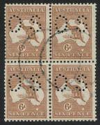 Kangaroos - Third Watermark: 6d Chestnut, perforated OS, commercially used block (4) FU. 
