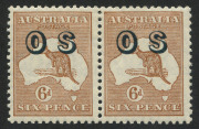 Kangaroos - Small Multiple Watermark: 6d Chestnut, overprinted OS; fresh horizontal pair (2) MLH.