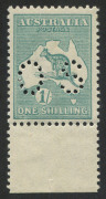 Kangaroos - Third Watermark: 1/- Bright Blue-Green (Die 2B), perforated OS, marginal MVLH. BW:33ba - $150.