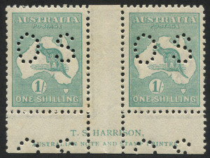 Kangaroos - Third Watermark: 1/- Blue-Green, perforated OS, Harrison Imprint pair; cpl. minor gum tones but very attractively centred and otherwise fresh MUH (2). Unpriced in BW.