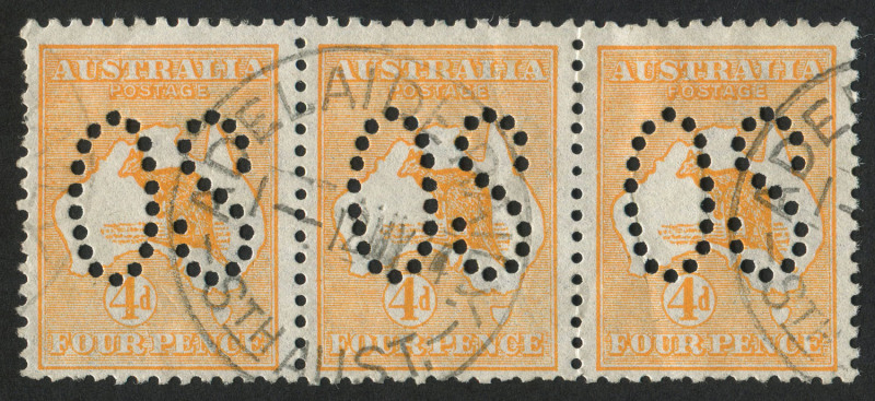 Kangaroos - First Watermark: 4d Orange, perforated Large OS, horizontal strip (3) FU with ADELAIDE RAIL'Y May 1914 cds's. BW: $210+.