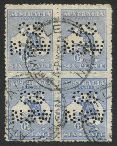 Kangaroos - First Watermark: 6d Ultramarine, block (4) commercially used from ARMIDALE NSW in Sept.1914; perforated "OS / NSW". A scarce multiple.