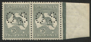 Kangaroos - Third Watermark: 2d Silver Grey (Die 2A) perforated Small OS, marginal pair (2), the left unit with "inner frame line missing in two places next to T of TWO" (Unlisted in BW), the right unit with variety "Shading line breaks in upper third of