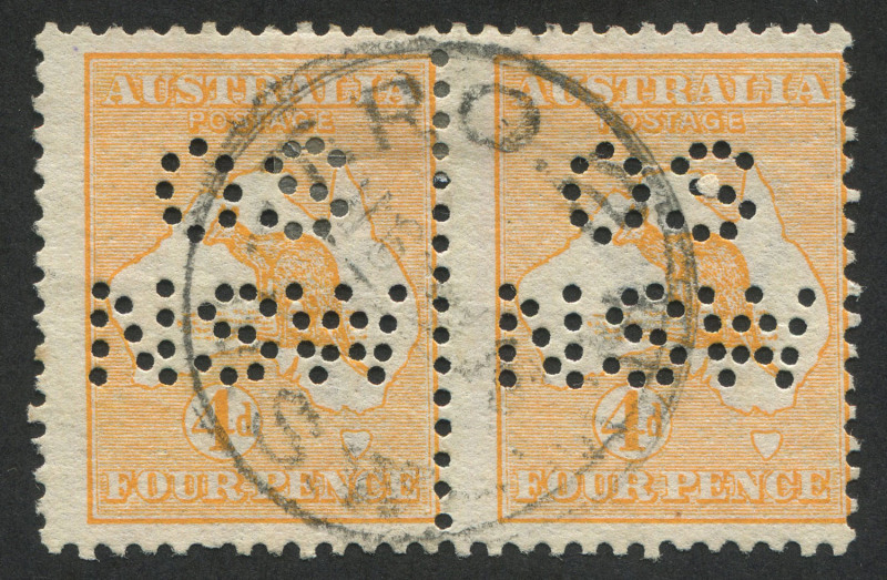 Kangaroos - First Watermark: 4d Orange, horizontal pair, (2) perforated "OS / NSW", FU with "T.P.O.2 N.S.W." cds.