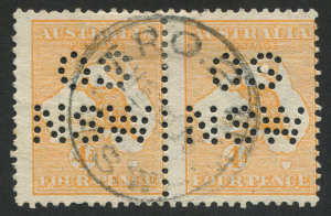 Kangaroos - First Watermark: 4d Orange, horizontal pair, (2) perforated "OS / NSW", FU with "T.P.O.2 N.S.W." cds.