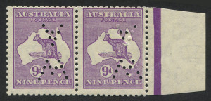 Kangaroos - CofA Watermark: 9d Violet, marginal pair, both units perforated "W A" (inverted) for use on official Western Australian mails, (2) MLH.