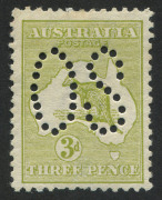 Kangaroos - First Watermark: 3d Olive (Die 1) perforated Large OS, a lovely Mint example with one perf at top showing a trace of gum tone. BW: 12ba - $550.