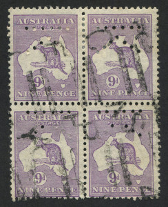 Kangaroos - CofA Watermark: 9d Violet, block (4) commercially used; each unit perforated with a giant "K" (for Kodak); lower left unit defective but a most unusual perfin multiple.