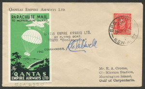 AUSTRALIA: Aerophilately & Flight Covers: 24 December 1943 (AAMC.970) Sydney - Mornington Island Christmas parachute mail flown cover, with special vignette, QANTAS violet handstamp and signed by the pilot, K.G. Caldwell; also signed verso by J.B.McCarth