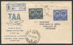 AUSTRALIA: Aerophilately & Flight Covers: 23 October 1948 (AAMC.1192a) Sydney - Brisbane, registered flown cover carried by TAA on the first scheduled flight of their Convair-Liner; with backstamps and accompanying official enclosure.