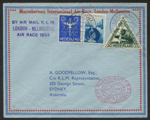 AUSTRALIA: Aerophilately & Flight Covers: 20 October 1934 (AAMC.444) MacRobertson Air Race cover carried by the KLM Douglas DC2 "Uiver"; with red oval cachet and violet handstamp on front; large KLM oval cachet and Sydney arrival datestamp verso.