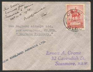 AUSTRALIA: Aerophilately & Flight Covers: 14 October 1935 (AAMC.542) Townsville - Cairns flown cover, carried for New England Airways; signed and endorsed by the pilot, N.W. Croucher and with NEAL vignette affixed verso. [Only 10 covers flown].