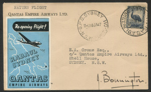 AUSTRALIA: Aerophilately & Flight Covers: 17 January 1947 (AAMC.1092) Rabaul - Sydney flown cover, carried for QANTAS and signed by the pilot, J.A. Bonnington; with special vignette affixed. Very fine.