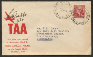 AUSTRALIA: Aerophilately & Flight Covers: 19 December 1949 (AAMC.1234) Brisbane - Mornington Island Chistmas mail, cover carried by TAA and signed by the pilot, R.K. Crabbe. The original enclosure, a letter from L.J. Brain of TAA, accompanies the cover, 