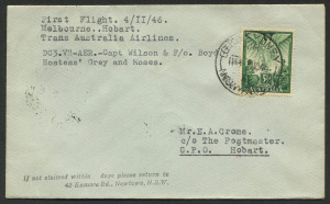 AUSTRALIA: Aerophilately & Flight Covers: 4 November 1946 (AAMC.1077) Melbourne - Hobart flown cover, carried by TAA DC3 "Batman" on the inaugural flight over this route; with arrival b/stamp.