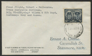 AUSTRALIA: Aerophilately & Flight Covers: 4 November 1946 (AAMC.1078) Hobart - Melbourne flown cover, carried by TAA DC3 "Batman" on the inaugural return flight over this route.