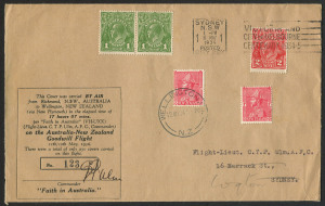 AUSTRALIA: Aerophilately & Flight Covers: 11-12 May 1934 (AAMC.379) Australia - New Zealand flown cover, carried by Ulm, Allan & Boulton in the "Faith in AUstralia" on a goodwill flight; the cover, signed by Charles Ulm is #123 of the 250 special covers 