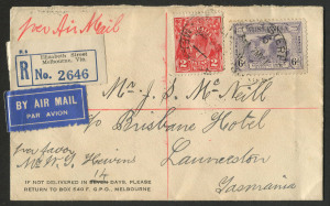 AUSTRALIA: Aerophilately & Flight Covers: 2 May 1931 (AAMC.198a) Melbourne - Launceston, registered cover flown by ANA Ltd on their first service including Launceston; with large violet cachet and arrival backstamps. 