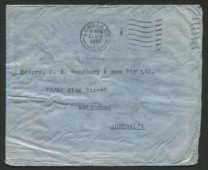 AUSTRALIA: Aerophilately & Flight Covers: 27 November 1938 (AAMC.834) "Calpurnia" crash mail cover from London; addressed to Melbourne; accompanied by the "Partington" explanatory slip explaining the reason for the delay in the delivery of the mail. One 