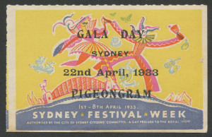 AUSTRALIA: Aerophilately & Flight Covers: April 1933 (AAMC.PP5b) Sydney Gala Day Pigeongram vignette, full gum MUH.