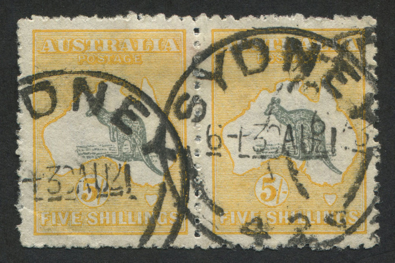 Kangaroos - Third Watermark: 5/- Grey & Yellow, horizontal pair (2) used at Sydney in August 1921. A scarce commercially used multiple. Cat.$450+.