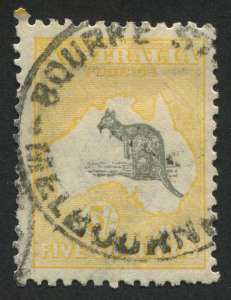Kangaroos - Third Watermark: 5/- Grey & Pale-Yellow, well centred and used at BOURKE ST., MELBOURNE.