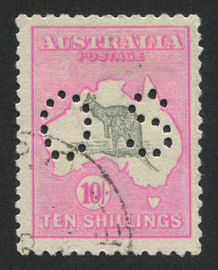 Kangaroos - Third Watermark: 10/- Grey & Aniline-Pink, perforated OS, CTO. Exceptionally well centred for this issue!