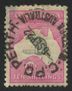 Kangaroos - Third Watermark: 10/- Grey & Deep Aniline-Pink, well centred, with attractive G.P.O. PERTH Sept.1922 cds; cpl. nibbed perfs.